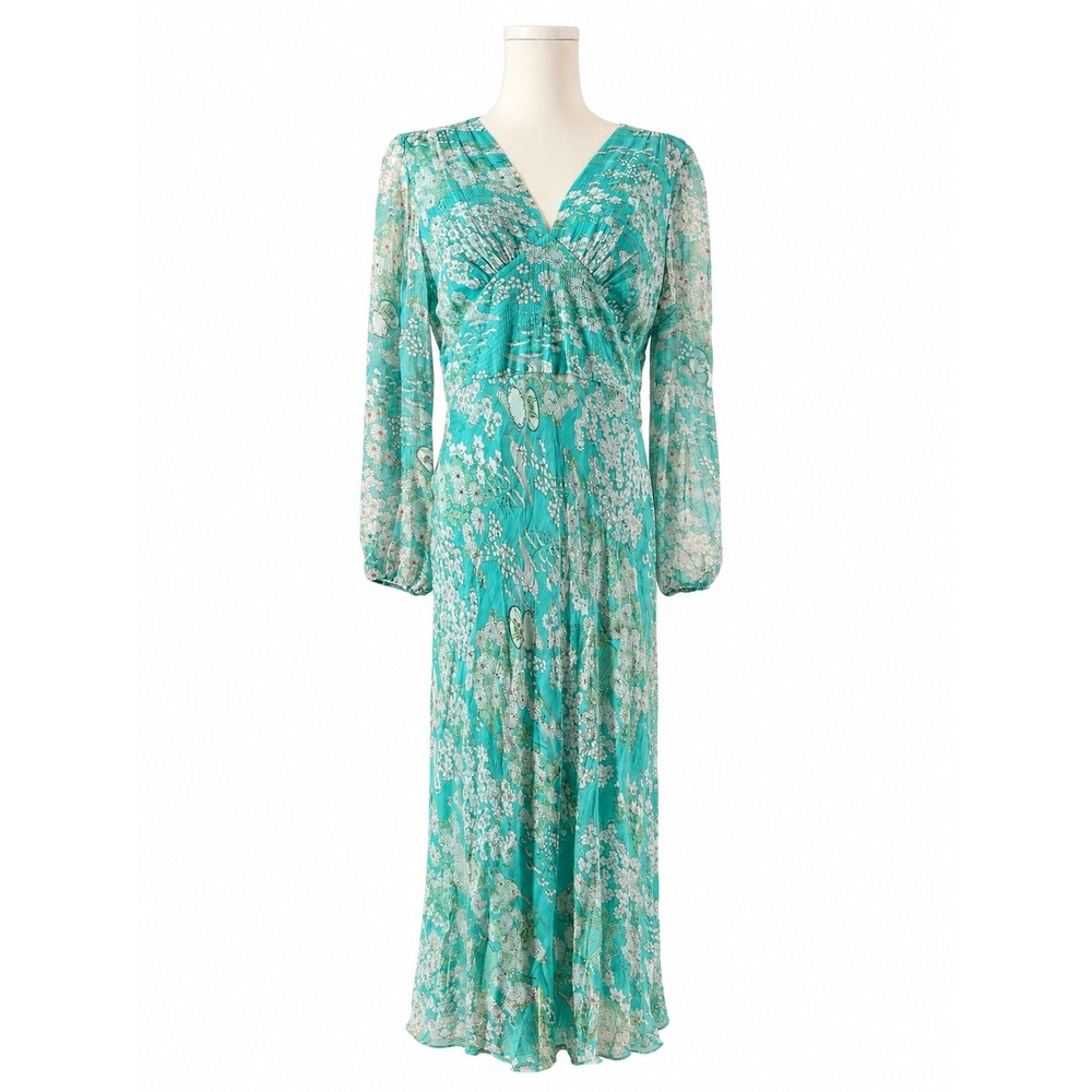 ECI New York Teal Blue 100% Silk Floral Long Sleeve Maxi Dress Size 10 Boho